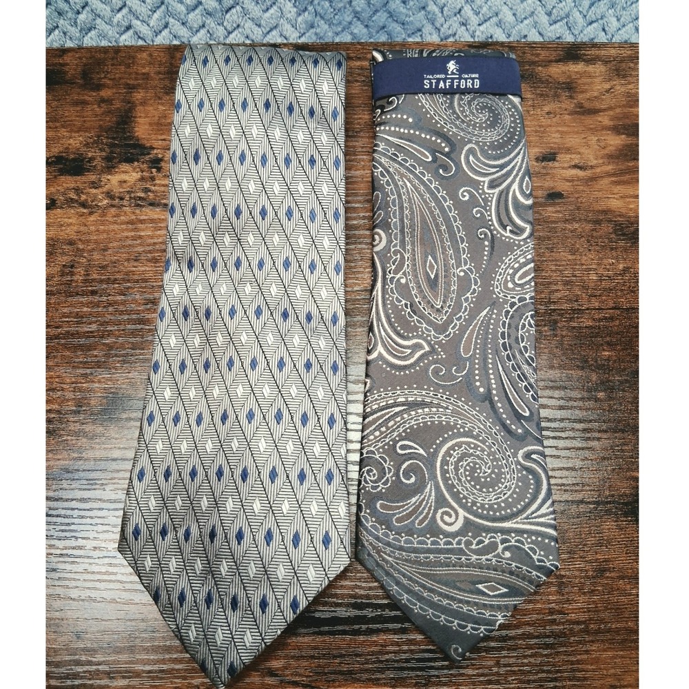 Stafford Silk Tie Lot 2 Paisley Charcoal Taupe & Geometric Blue Grey Hand Made